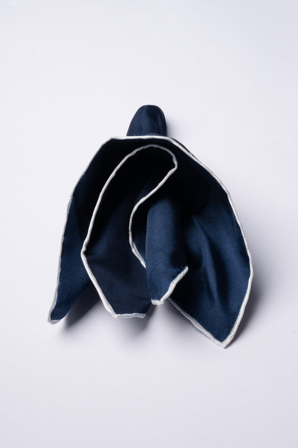 Navy Silk Handkerchief with White Trim