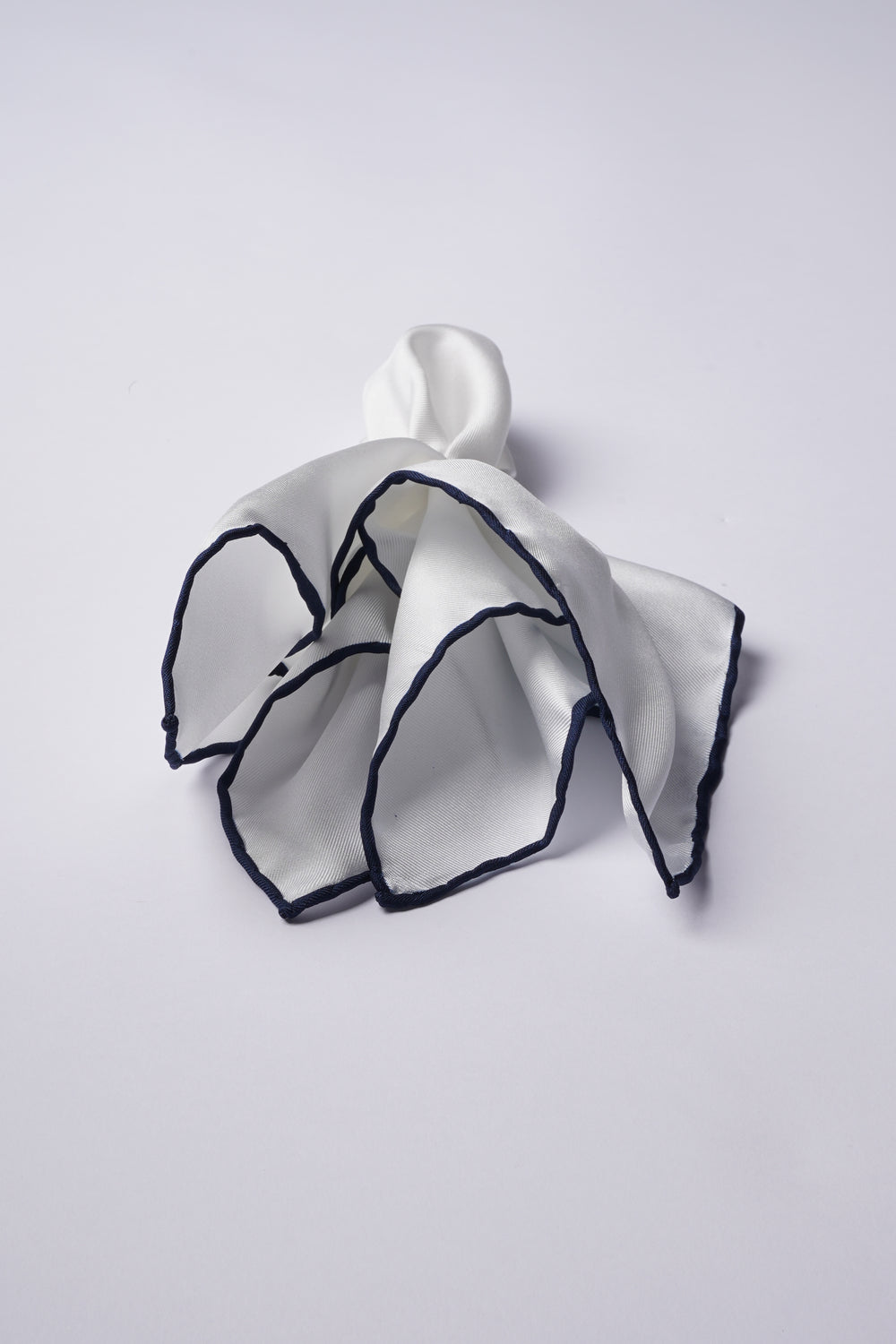 White Silk Handkerchief with Navy Trim