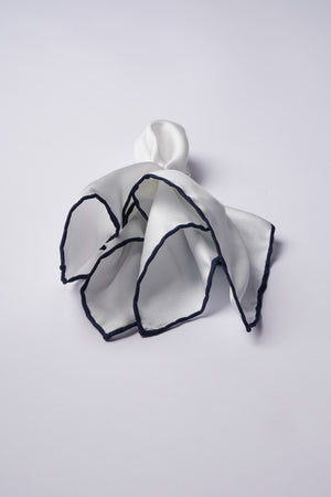 White Silk Handkerchief with Navy Trim