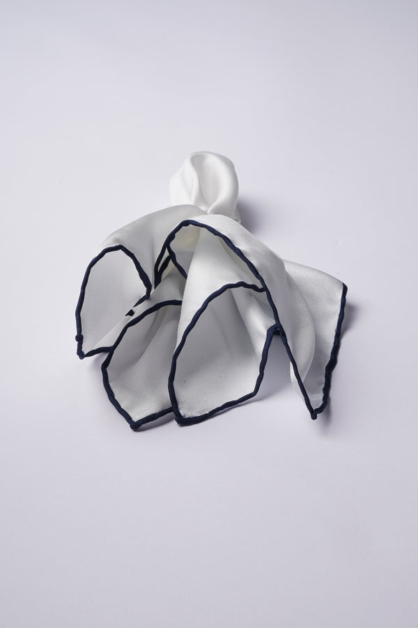 White Silk Handkerchief with Navy Trim